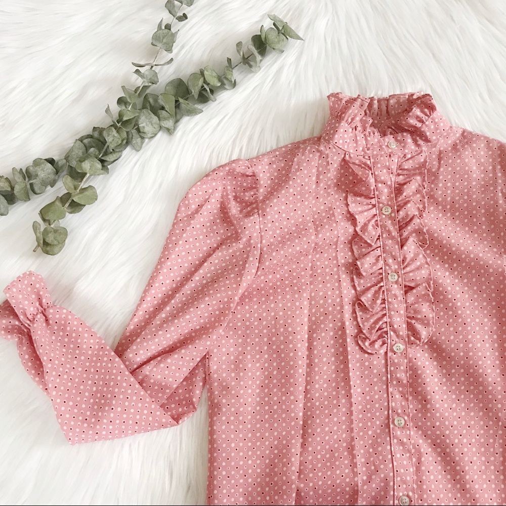 Vintage 70s Anthropologie Ruffle tie neck Button Down Blouse shirt doen XS 0 2